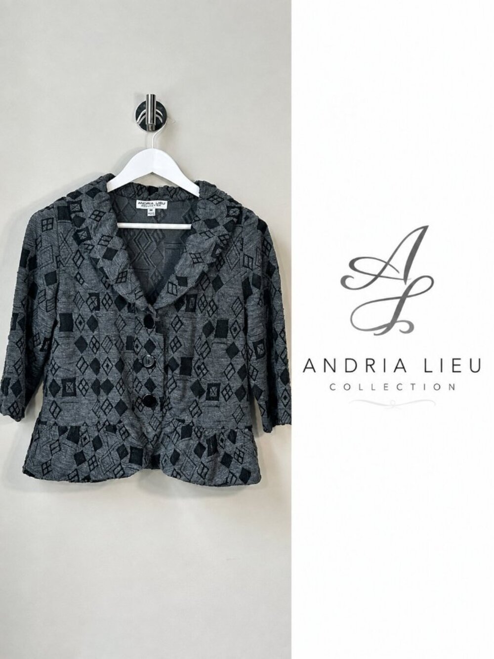 Andria Lieu Collection Grey Black Geometric Ruffle Blazer Jacket Size M